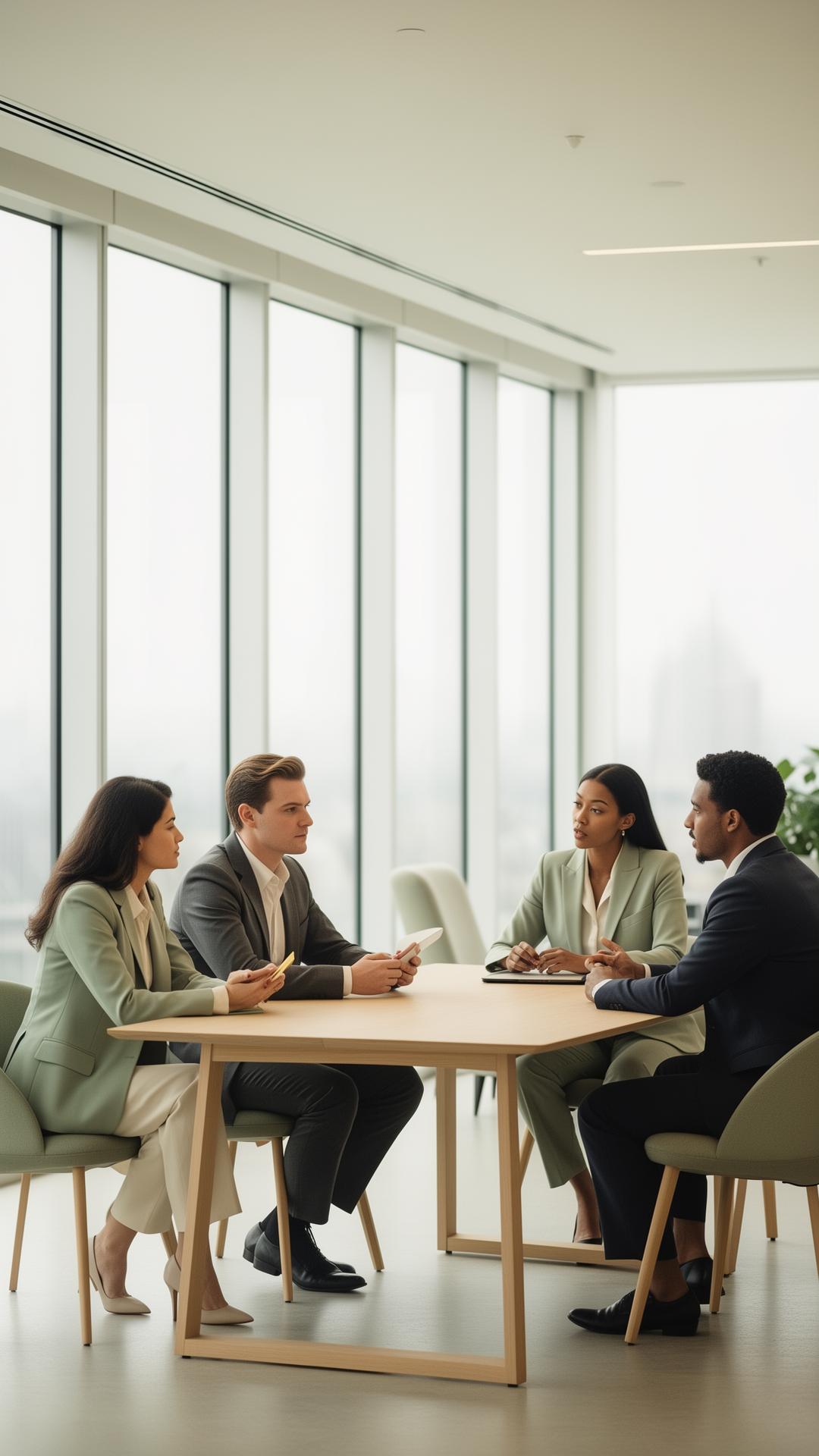 A diverse group of professionals collaborating in a calm, light-filled corporate environment