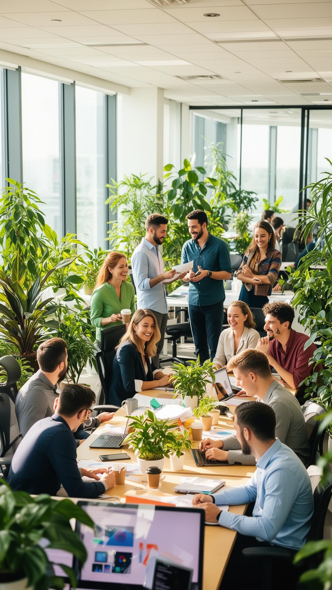 A bright, vibrant corporate office representing healthy and engaged employees