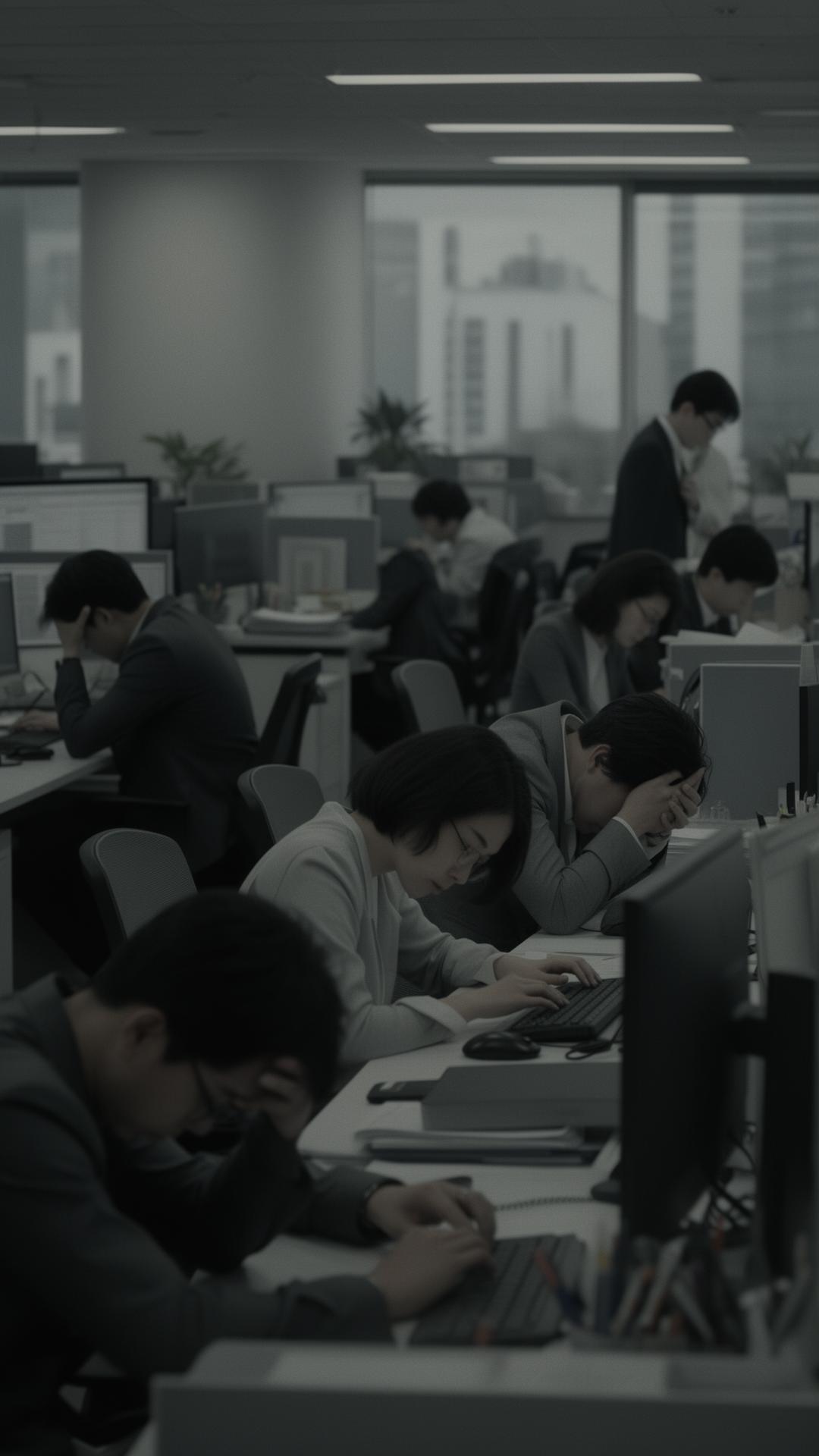A dim, fatigued corporate office representing disengaged employees