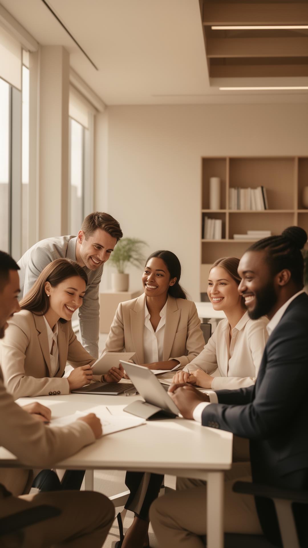 Diverse professionals collaborating with authentic smiles in a calm, light-filled corporate office